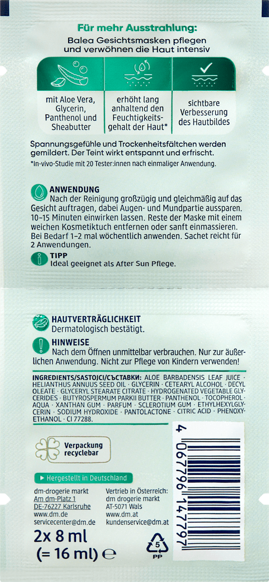 Gesichtsmaske Aloe Vera, 16 ml
